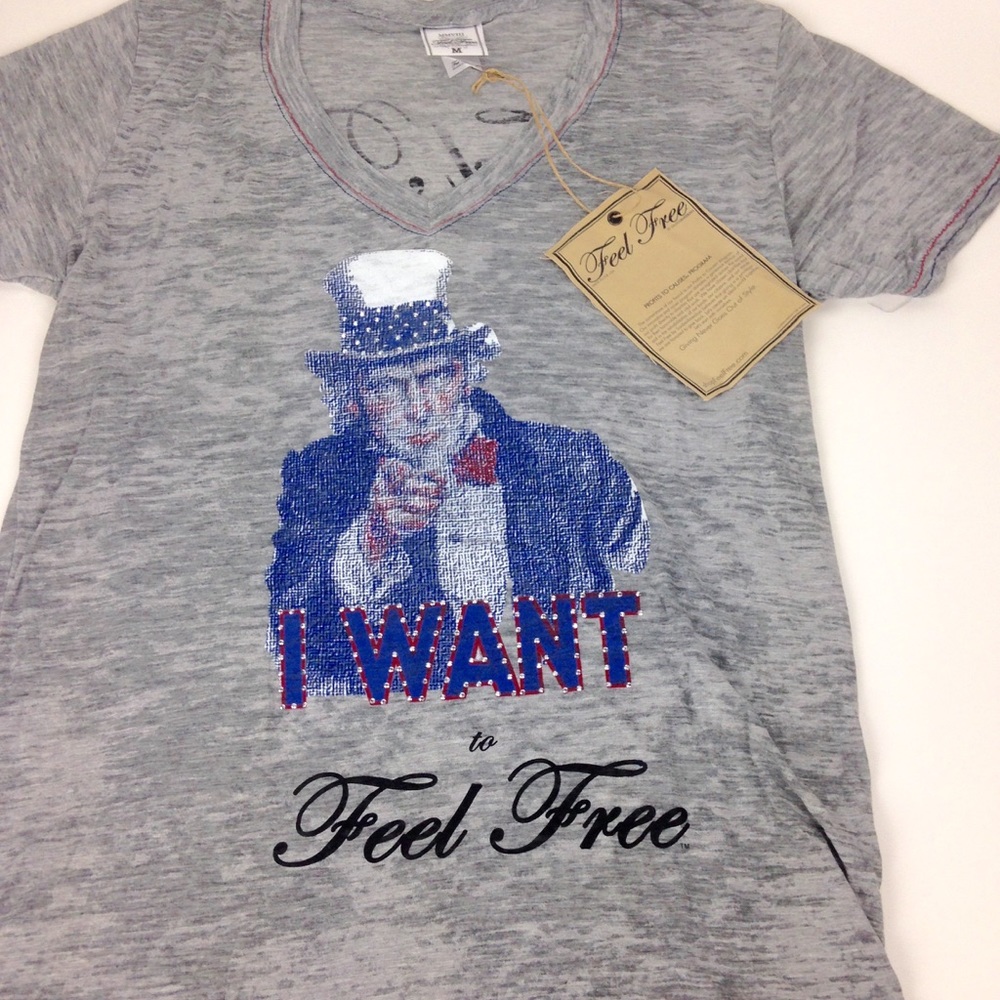Feel Free Embellished Burn out Gray Tee New Sz M